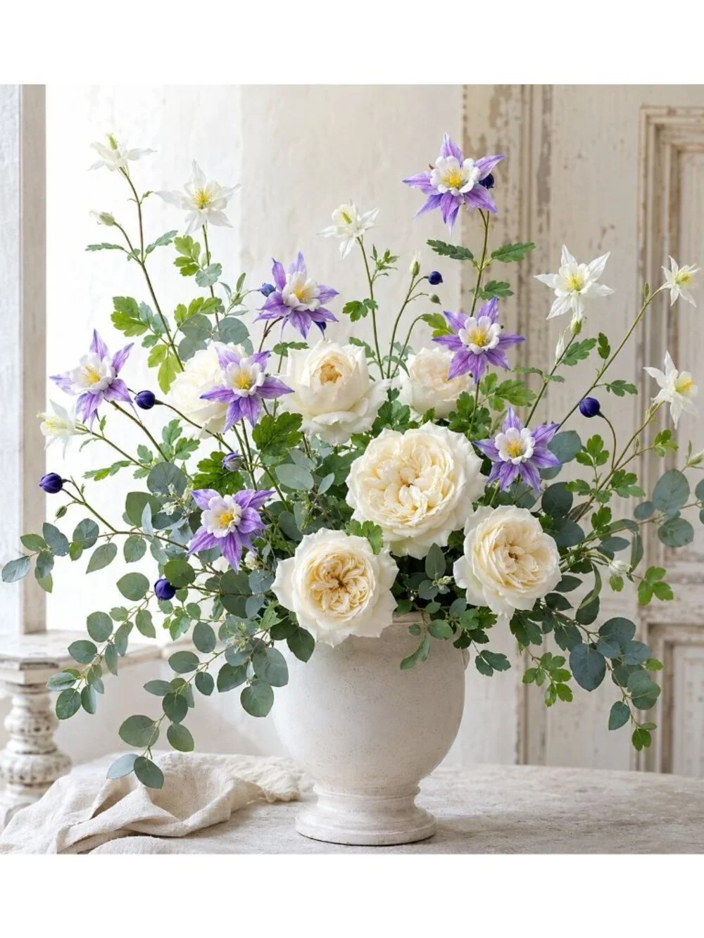 Purple White Artificial Columbine Flowers Set of 2 | 23 Inch Real Touch Wildflow